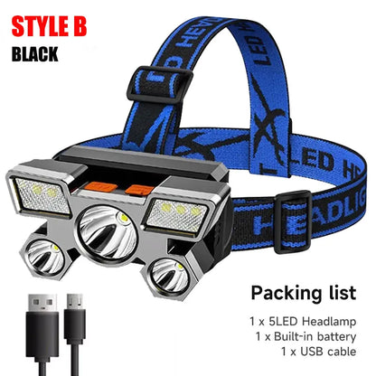 5 LED Flashlight Rechargeable with Built in Lithium Battery Strong Head Light Camping Adventure Fishing Cycling Headlamp Beauty Fashion