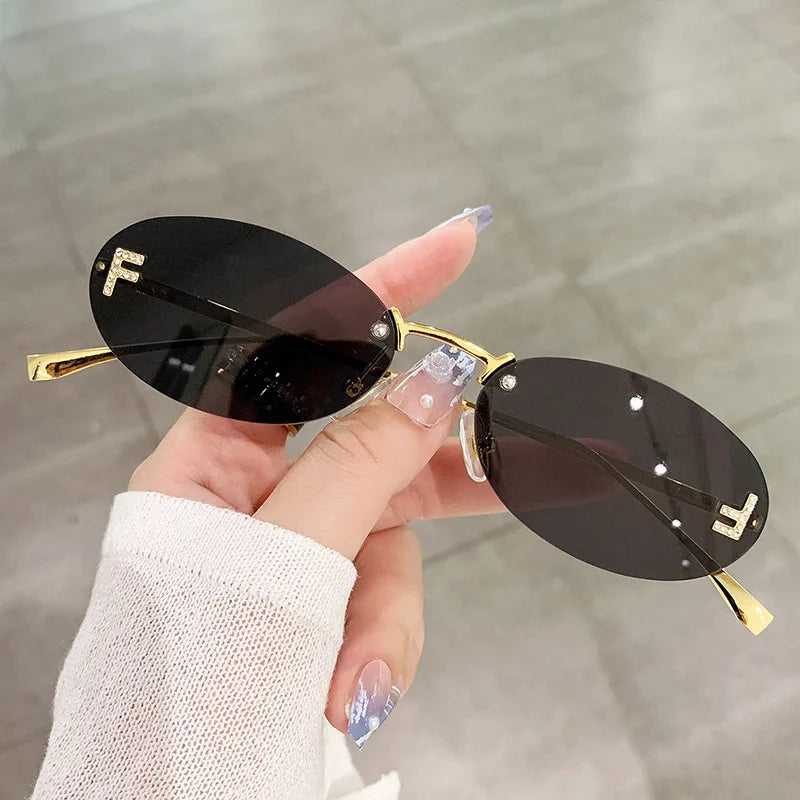 Fashion Rimless Sunglasses Women UV400 Oval Elegant Diamond F Sun Glasses Retro Eyewear Beauty World Shop