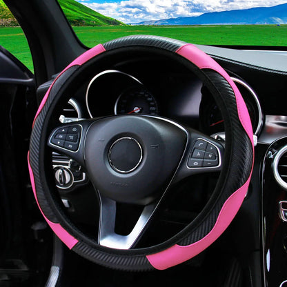 PU Carbon Fiber Leather Car Steering Wheel Cover without Inner Ring Suitable for 14.5-15 Inches of Automotive Supplies Beauty World Shop