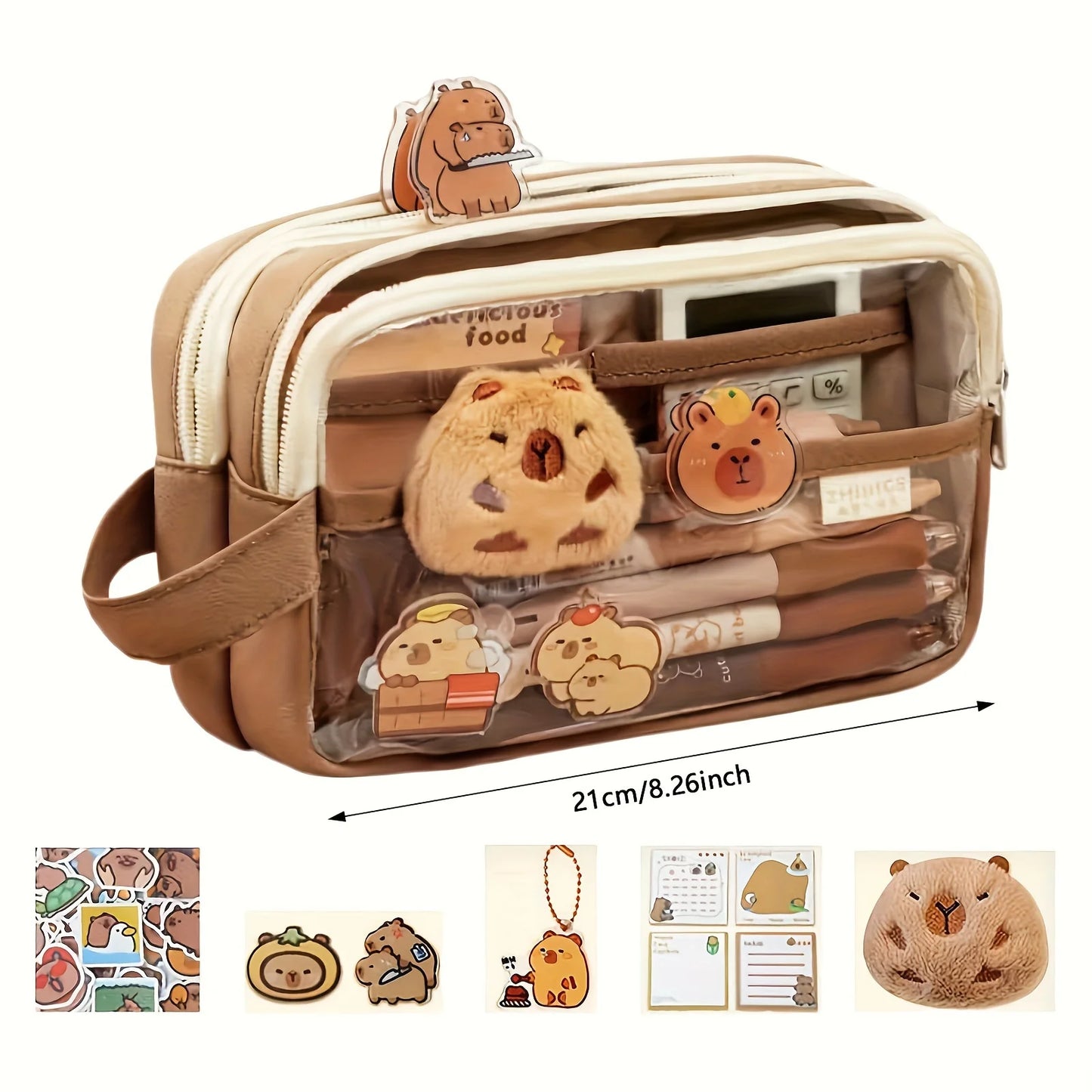 Cute Capybara Pencil Case with Lock - Aesthetic Kawaii Canvas Pouch, Clear School Supplies Organizer with Compartments, Includes Beauty World Shop