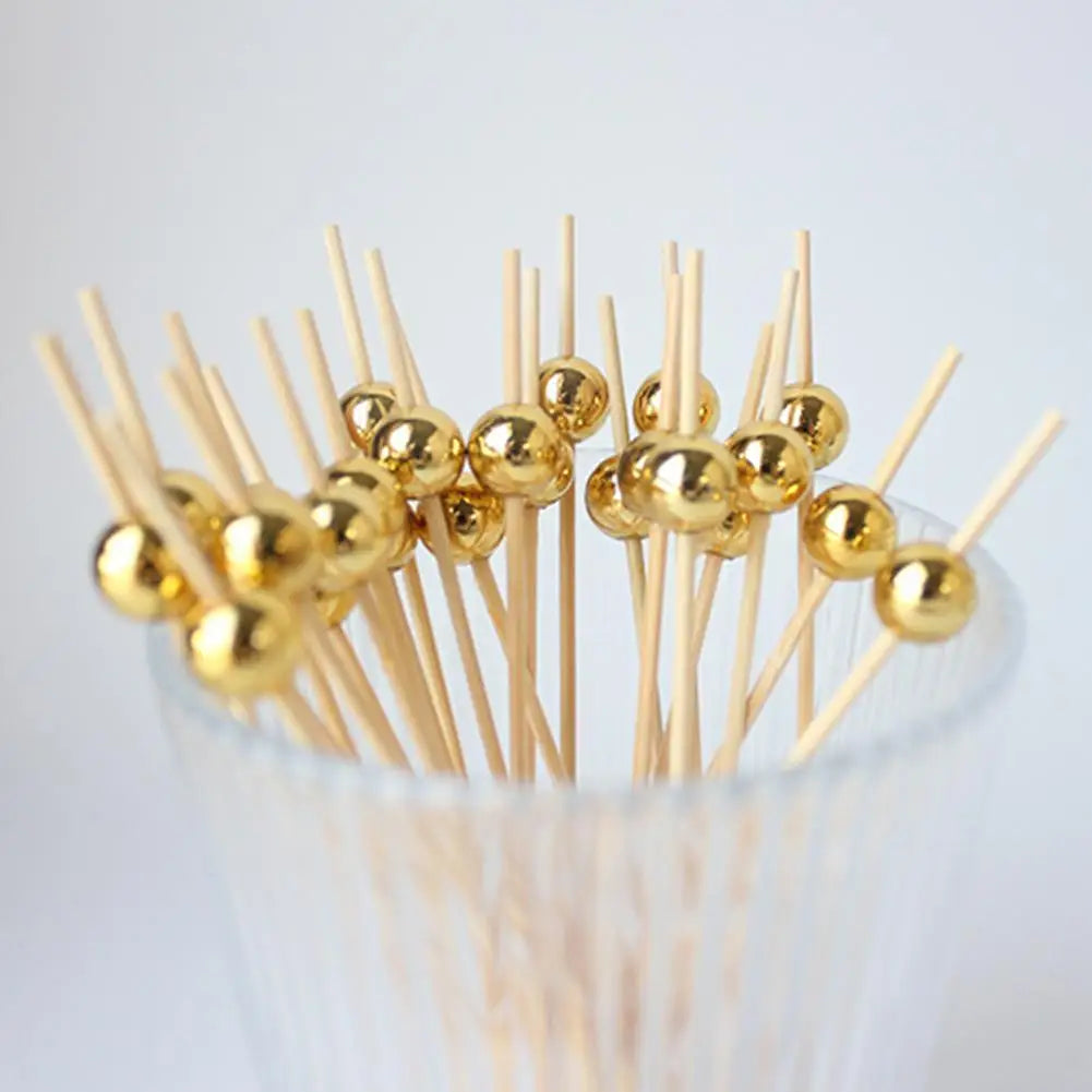 200/100/25Pcs Gold Pearl Cocktail Picks Food Fruit Picks Wedding Party Disposable Cake Dessert Cocktail Sticks Toothpick Skewer Beauty Trend Shop