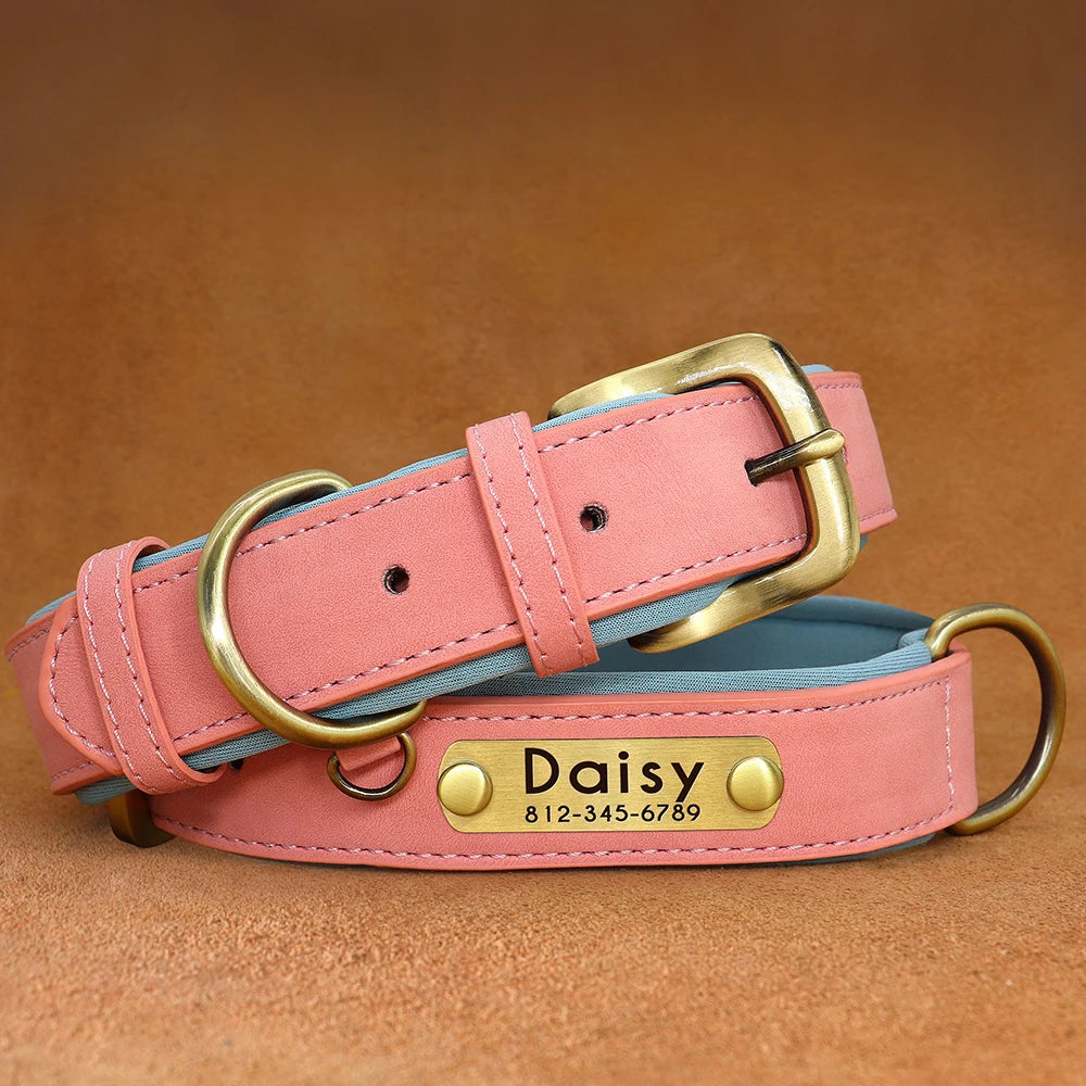 Customized PU Leather Nameplate Dog Collar Soft Padded Dogs Collars Free Engraving Name for Small Medium Large Dogs Adjustable Beauty World Shop