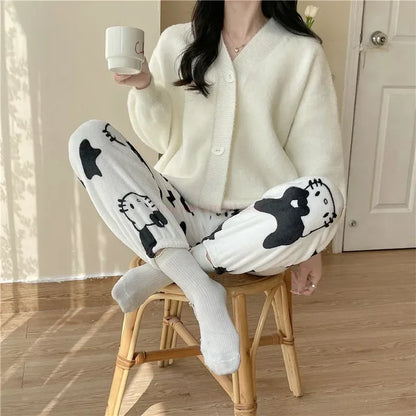 2024 Sanrio Hello Kitty Pajamas Halloween Flannel Fashion Trouserswomen Kawaii Woolen Anime Cartoon Casual Home Pants Autumn Beauty Fashion
