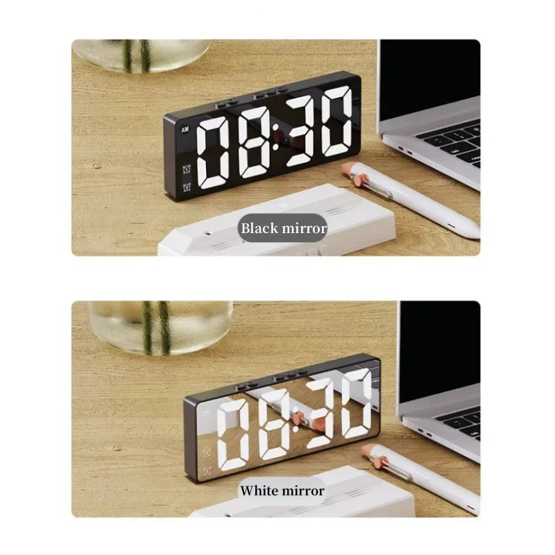 LED Electronic Mirror Alarm Clock Digital Clock Sound Control Temperature Clock Desktop Decoration Beauty World Shop