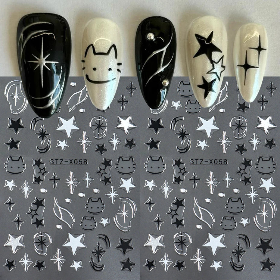 Black Silver Cat Animals Nail Sticker Decals Y2K Charms Cute Dog Cartoon Adhesive Sliders Foils For Manicure Nail Art Decoration Beauty World Shop