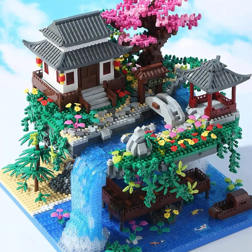 MOC Peach Blossom Pool Cherry Tree House Building Block Chinese Architecture DIY Bricks Cherry Blossom Toy for Kids Adult Gift Beauty World Shop