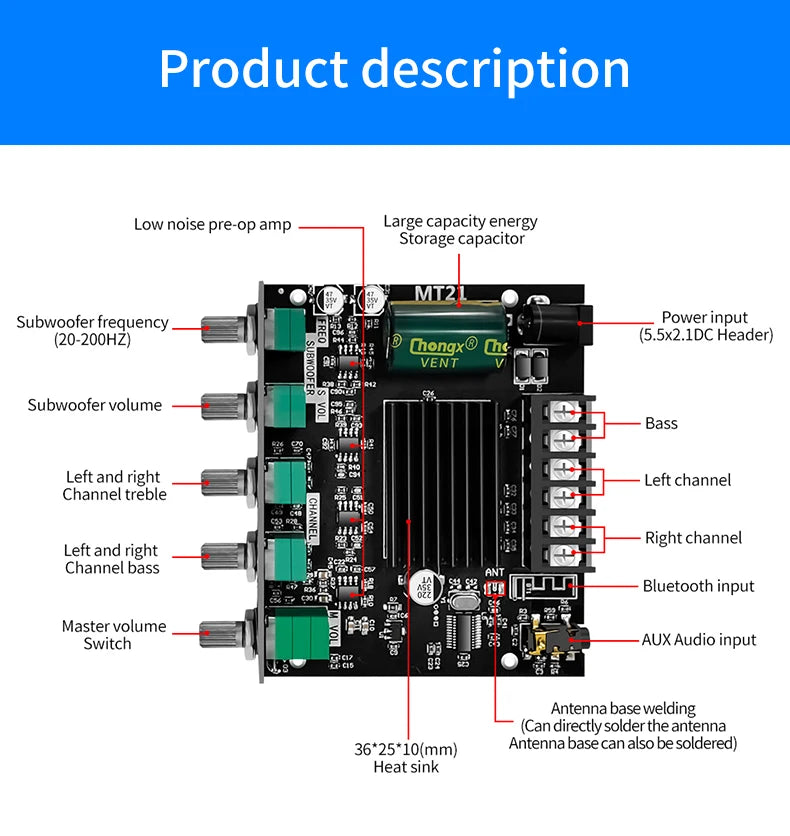 ZK-MT21 Sound Amplifier Module 2x50W+100W 2.1 Channel Subwoofer Bluetooth 5.0 Digital Power Amplifier Board AUX 12V/24V Stereo Beauty World Shop
