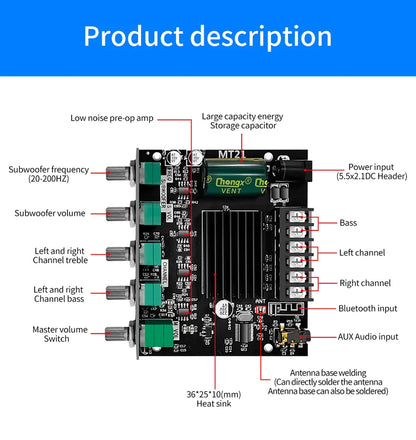ZK-MT21 Sound Amplifier Module 2x50W+100W 2.1 Channel Subwoofer Bluetooth 5.0 Digital Power Amplifier Board AUX 12V/24V Stereo Beauty World Shop