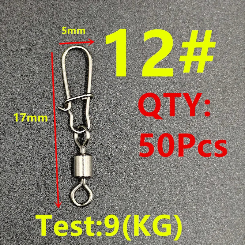 50pcs/lot Fishing Connector  2# 4# 6# 8# 10# Pin Bearing Rolling Swivel Stainless Steel With Snap Fishhook Lure Tackle Beauty World Shop
