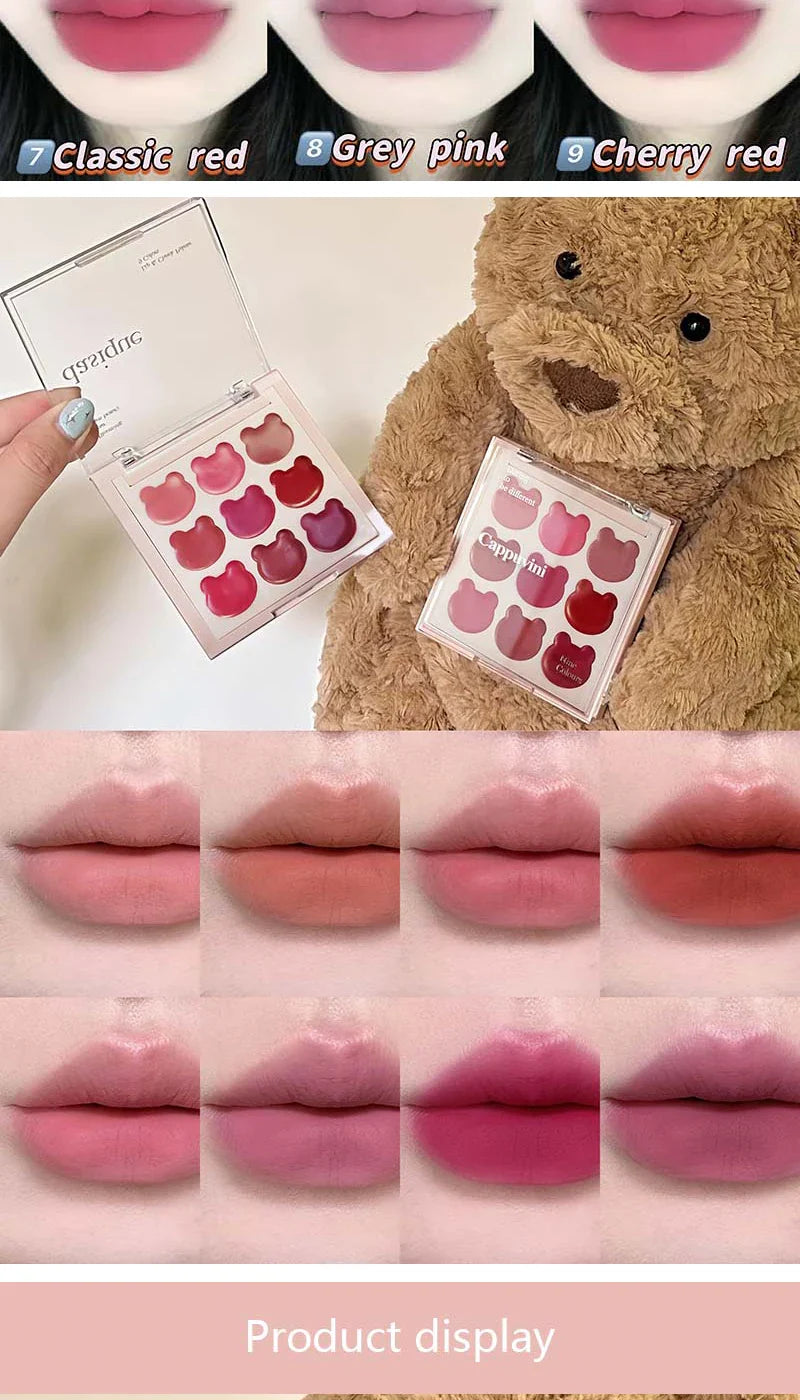 Cappuvini 9 Colors Velvet Lip Mousse - Matte & Natural Finish, Long-Lasting Non-Drying, Cute Bear Design for Youthful Look, Beauty Trend Shop