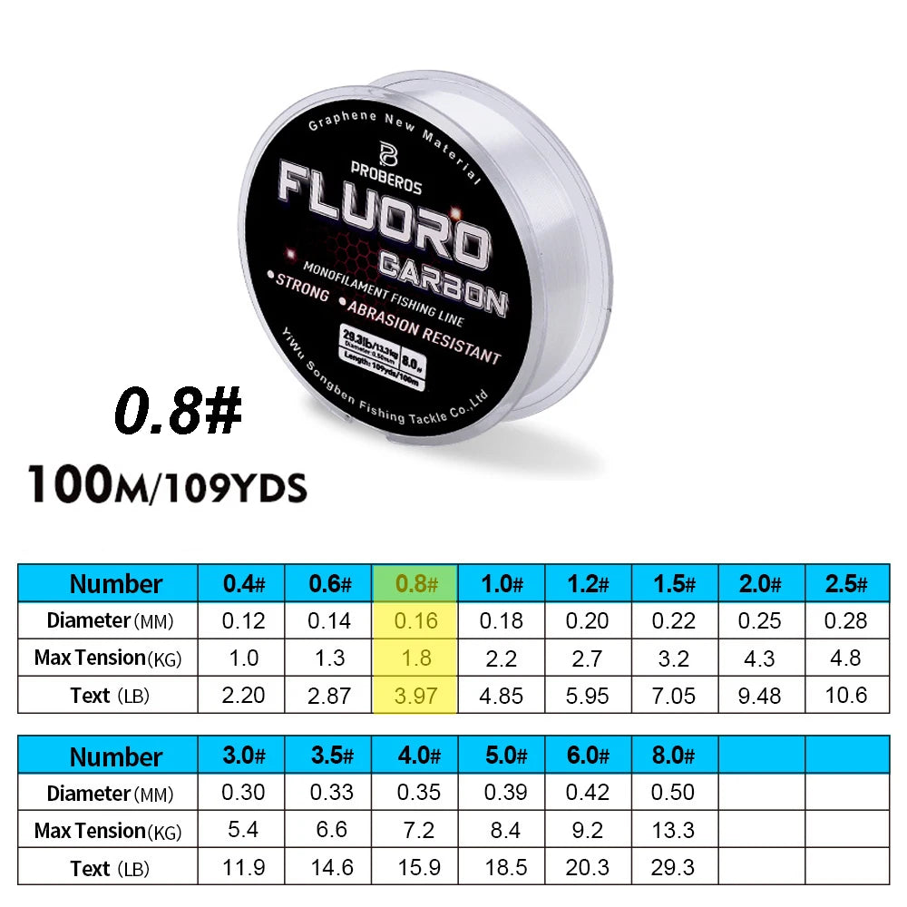 PROBEROS 100M Fluorocarbon Coating Fishing Line 2.2LB-29.3LB Carbon Fiber Monofilament Leader Line Carp Fishing Sinking Line Beauty World Shop