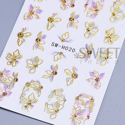 5pcs Metallic Gold Line Flower Nail Stickers 3D Bronzing Border Petals Sakura Leaf Nail Decals Slider DIY Elegant Manicure Decor Beauty World Shop