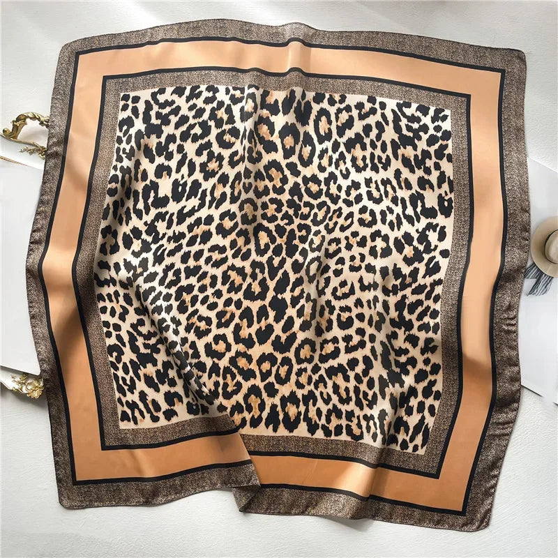 1pcs 70cm Leopard Print Silk Scarf for Women Imitation Silk Light Luxury Versatile Headwear Bag Decoration Clothing Square Scarf Beauty World Shop