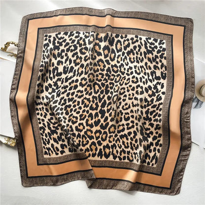 1pcs 70cm Leopard Print Silk Scarf for Women Imitation Silk Light Luxury Versatile Headwear Bag Decoration Clothing Square Scarf Beauty World Shop