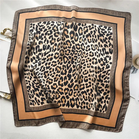1pcs 70cm Leopard Print Silk Scarf for Women Imitation Silk Light Luxury Versatile Headwear Bag Decoration Clothing Square Scarf Beauty World Shop