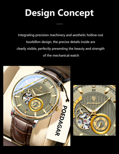 POEDAGAR Fashion Business Men Watch Waterproof Luminous Hollow Tourbillon Male Clock Automatic Mechanical Leather Men's Watches Beauty World Shop