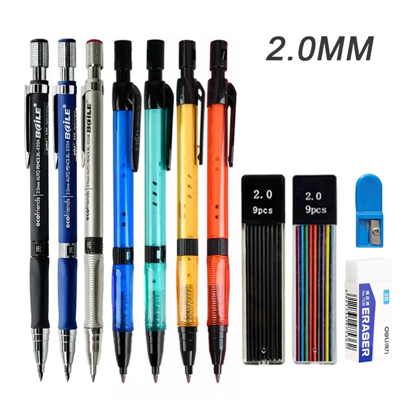 Mechanical Pencil Set 2.0mm with 2B Black/Colors Lead Refill for Writing Sketching Art Drawing Painting School Automatic Pencils Beauty World Shop