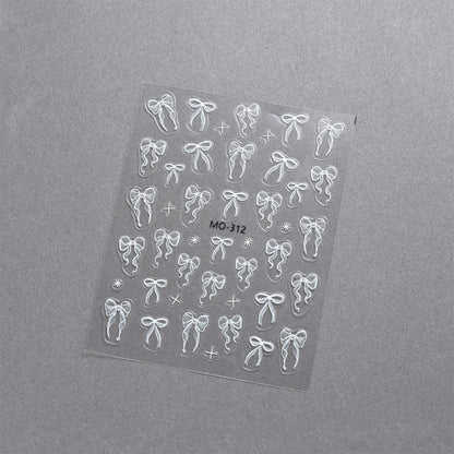 Bowknot Nail Stickers 3D Relief White Ribbon Cute Sweet Pink Self-Adhesive Nail Art Decoration Decals For Nail Tips Manicures Beauty World Shop