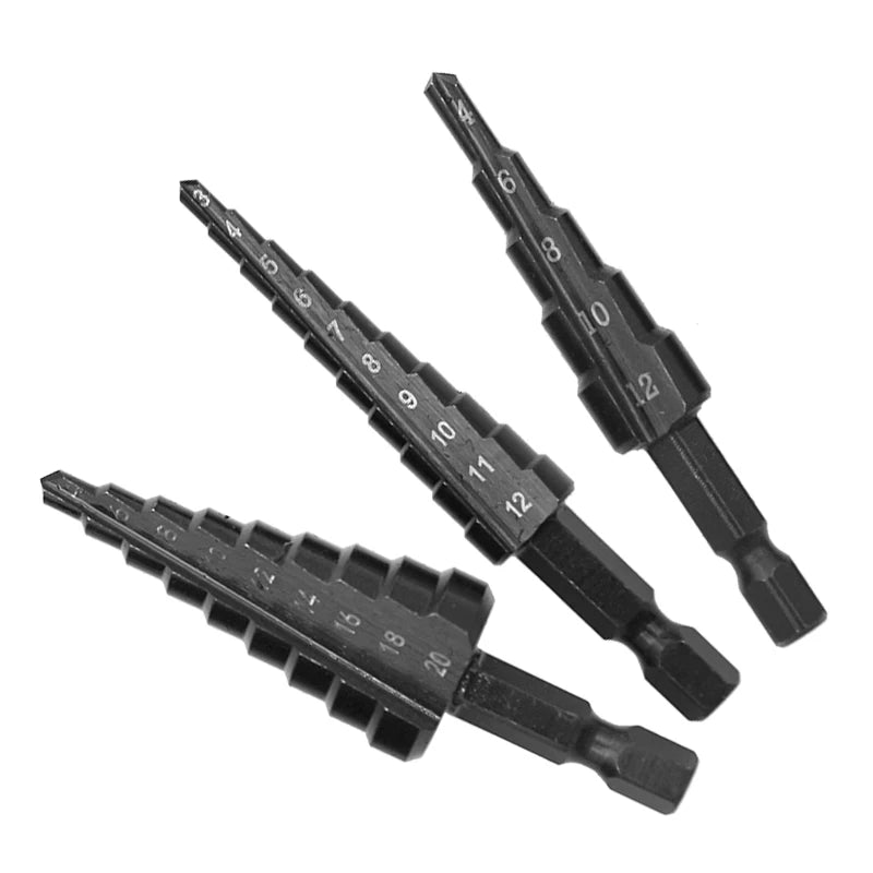 3pc Black Hexagonal Shank Straight Slot Ladder Drill Bit Reaming and Hole Opening Blackened Pagoda Drill Tool Set Beauty Fashion
