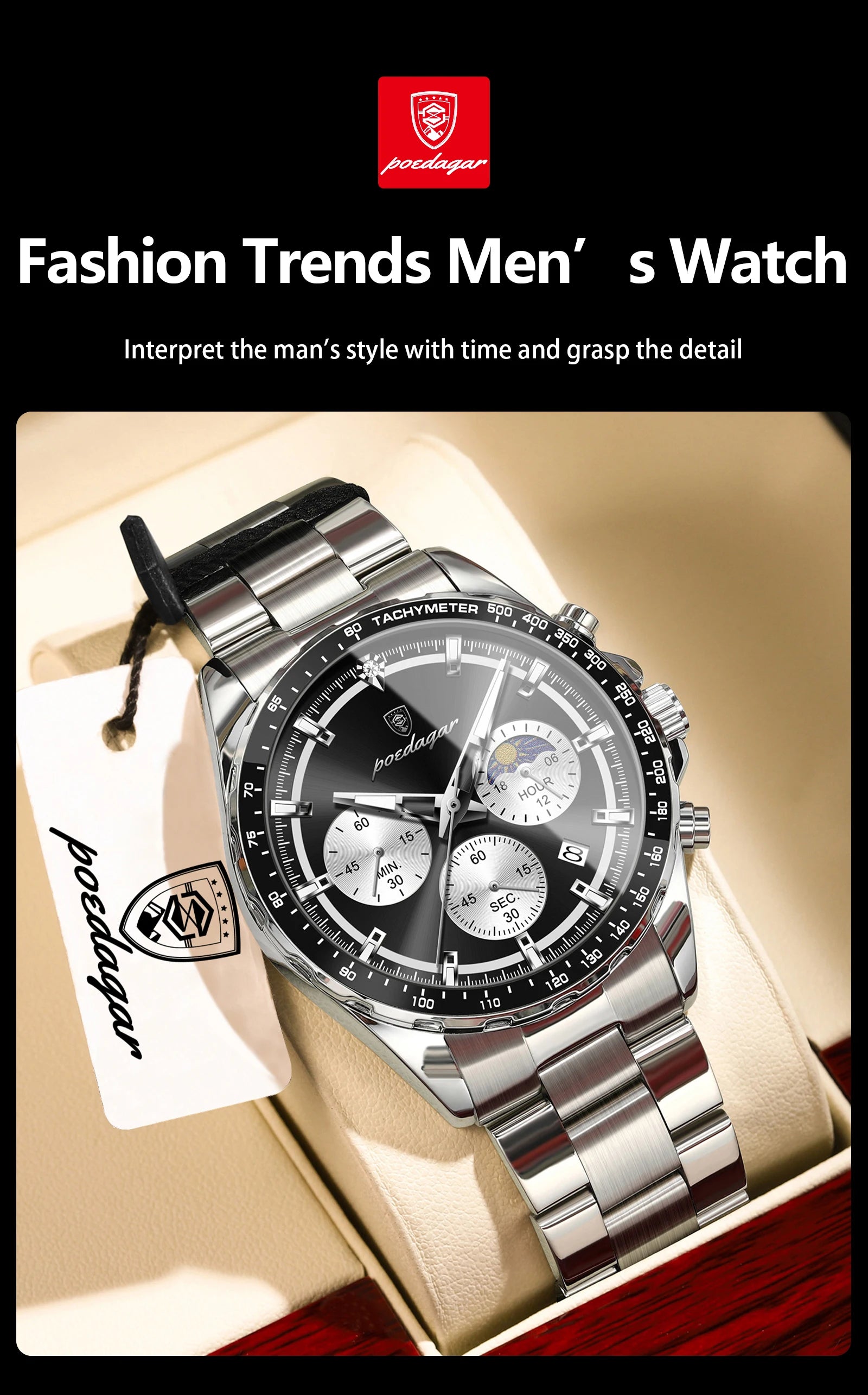 POEDAGAR Business Brand Man Wristwatch Waterproof Stainless Steel Luminous Men Watch Chronograph Date Men's Quartz Watches Reloj Beauty World Shop