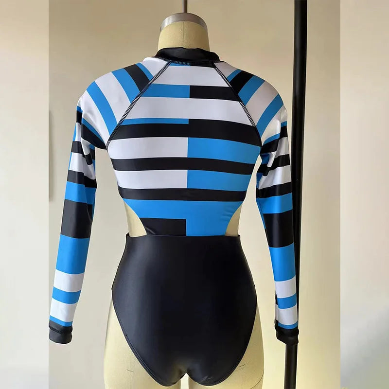 New Patchwork One-Piece Swimsuit Long Sleeve Swimwear Sports Backless Women's Swimming Bathing Suit Beach Wear Bather Surfing Beauty World Shop