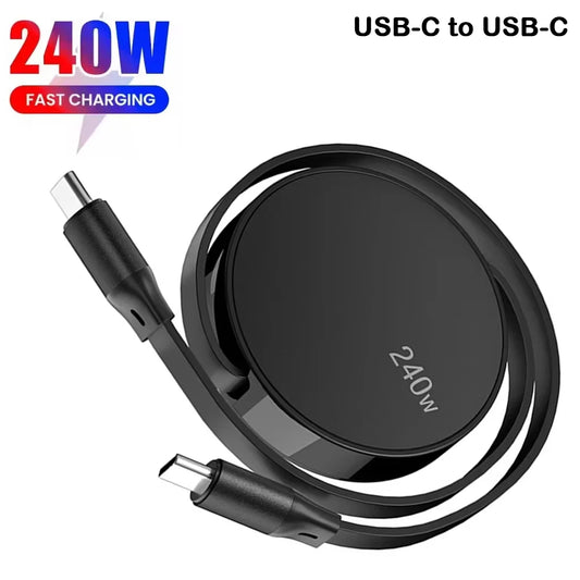 USB-C to USB-C Retractable PD240W Fast Charging Type-C Data Cable 1M Mobile Phone Charging Wire for iPhone 15/16 Xiaomi Samsung Beauty World Shop