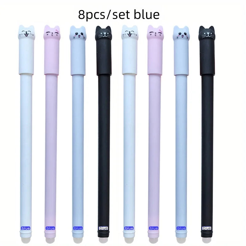 4/8/12pcs Creative Cat Erasable Gel Pens Set 0.5mm Washable Handle Magical Blue/Black Ink Erasable Refills Rod Writing Stationer Beauty World Shop