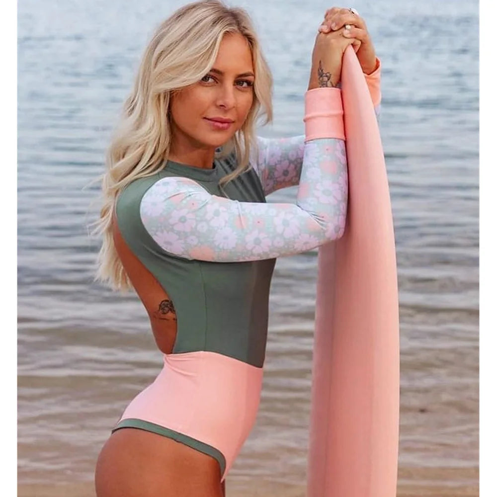 New Patchwork One-Piece Swimsuit Long Sleeve Swimwear Sports Backless Women's Swimming Bathing Suit Beach Wear Bather Surfing Beauty World Shop