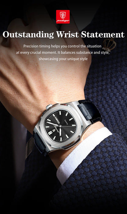 POEDAGAR Square Wristwatch For Men Luminous Waterproof Week Calendar Luxury Man Clock Leather Quartz Fashion Men's Watches Reloj Beauty World Shop