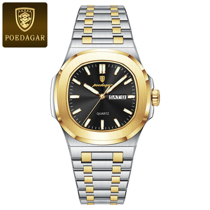POEDAGAR Square Luxury Men's Wristwatch Luminous Waterproof Stainless Steel Male Clock Week Date Original Quartz Watches For Men Beauty World Shop