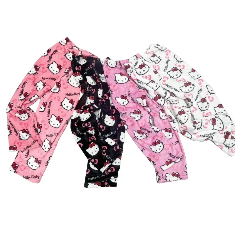 2024 Sanrio Hello Kitty Pajamas Halloween Flannel Fashion Trouserswomen Kawaii Woolen Anime Cartoon Casual Home Pants Autumn Beauty Fashion