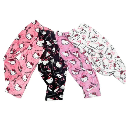 2024 Sanrio Hello Kitty Pajamas Halloween Flannel Fashion Trouserswomen Kawaii Woolen Anime Cartoon Casual Home Pants Autumn Beauty Fashion