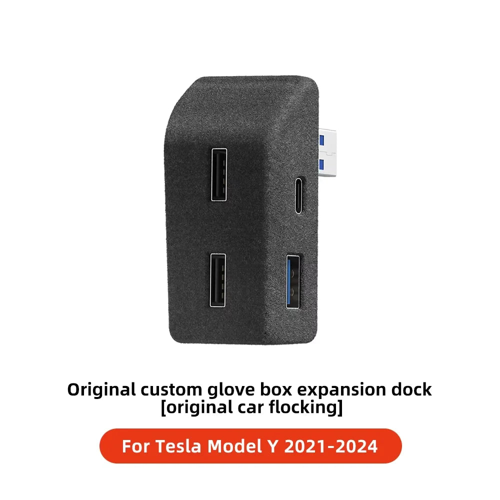 YZ Glove Box Docking Station For Tesla Model 3 Y Juniper Highland Quick Charger 4 USB Shunt Hub Flocking Adapter Powered Splitte Beauty World Shop