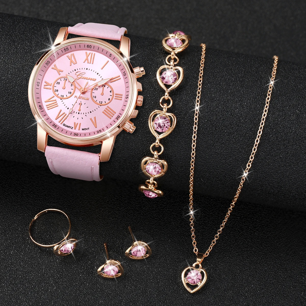 5/6PCS Fashion Women's Quartz Watch Leather Band Analog Wrist Watches Heart Rhinestone Jewelry Set(Without Box) Beauty World Shop