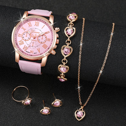 5/6PCS Fashion Women's Quartz Watch Leather Band Analog Wrist Watches Heart Rhinestone Jewelry Set(Without Box) Beauty World Shop