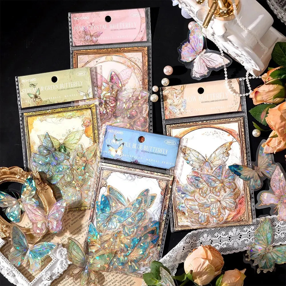 5Style 20pcs/pack INS Butterfly PET Sticker Pack Ice Crystal Laser Gold DIY Handbook Decoration 3D Scrapbook Beauty World Shop