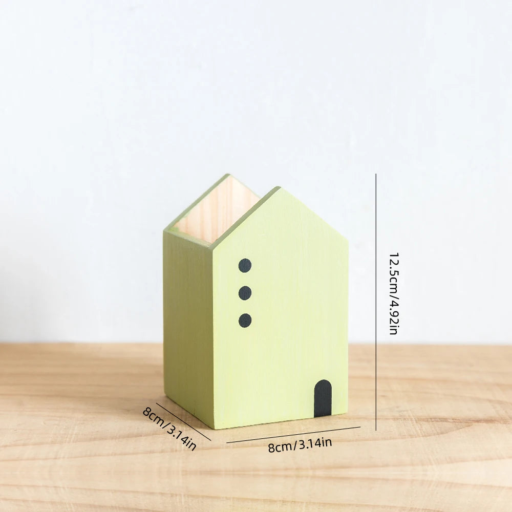 Cartoon House Wooden Pen Holder Pencil container Makeup Brush Stationery storage box Student/ Office Desktop Storage Organiser Beauty World Shop