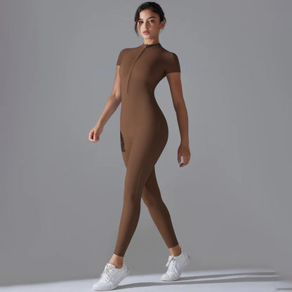 Naked zipper short sleeved yoga suit jumpsuit, quick drying breathable outdoor sports tight fitting jumpsuit, fitness suit Beauty World Shop