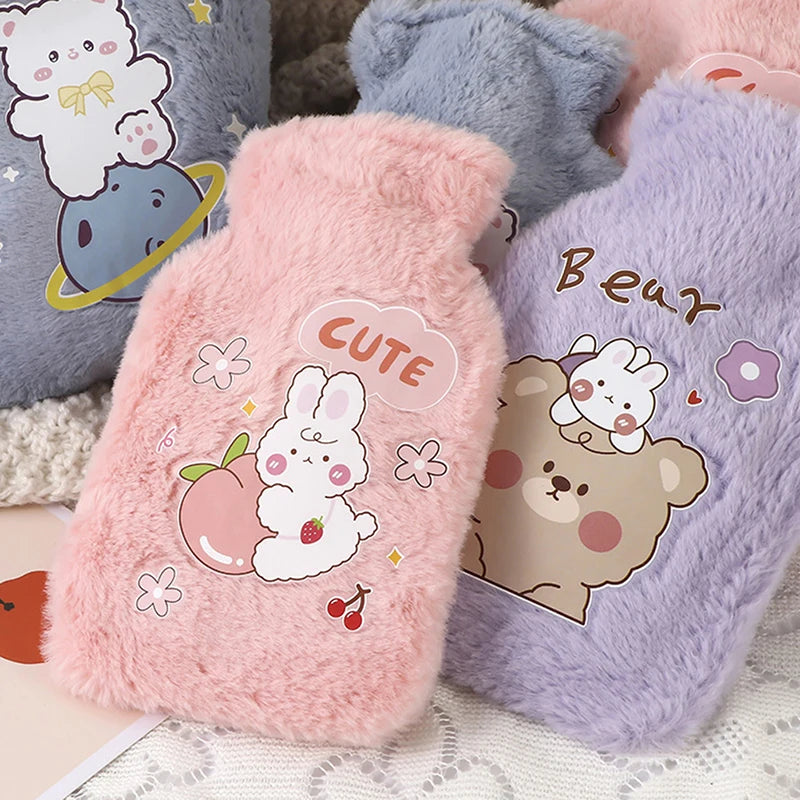 Cartoon Plush Rabbit Bear Hot Water Bottle Water Filling Velvet Small Portable Student Hand Warmer Cute Warm Water Bag Beauty World Shop