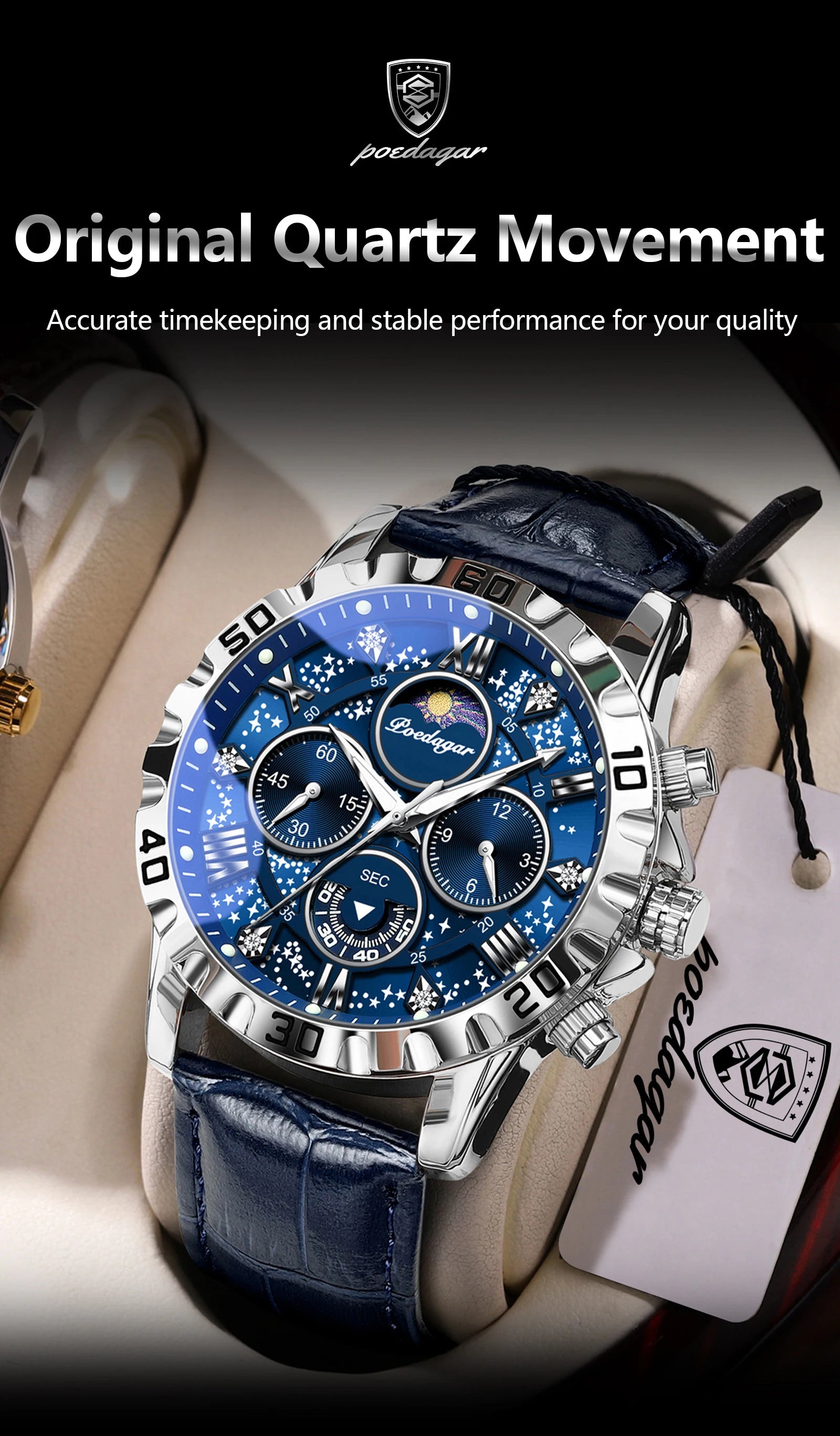 POEDAGAR Top Functional Luxury Man Wristwatch Waterproof Luminous Chronograph Leather Sports Watches For Men Quartz Men's Watch Beauty World Shop