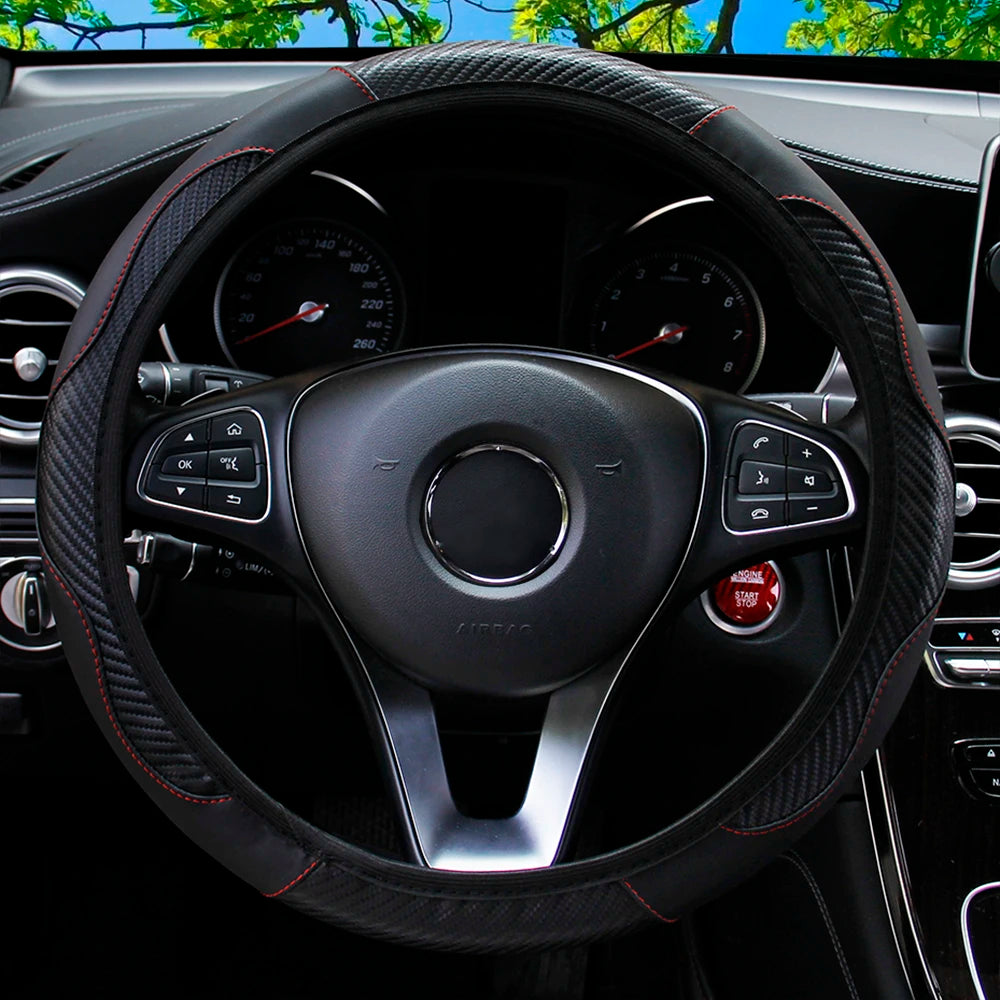 PU Carbon Fiber Leather Car Steering Wheel Cover without Inner Ring Suitable for 14.5-15 Inches of Automotive Supplies Beauty World Shop