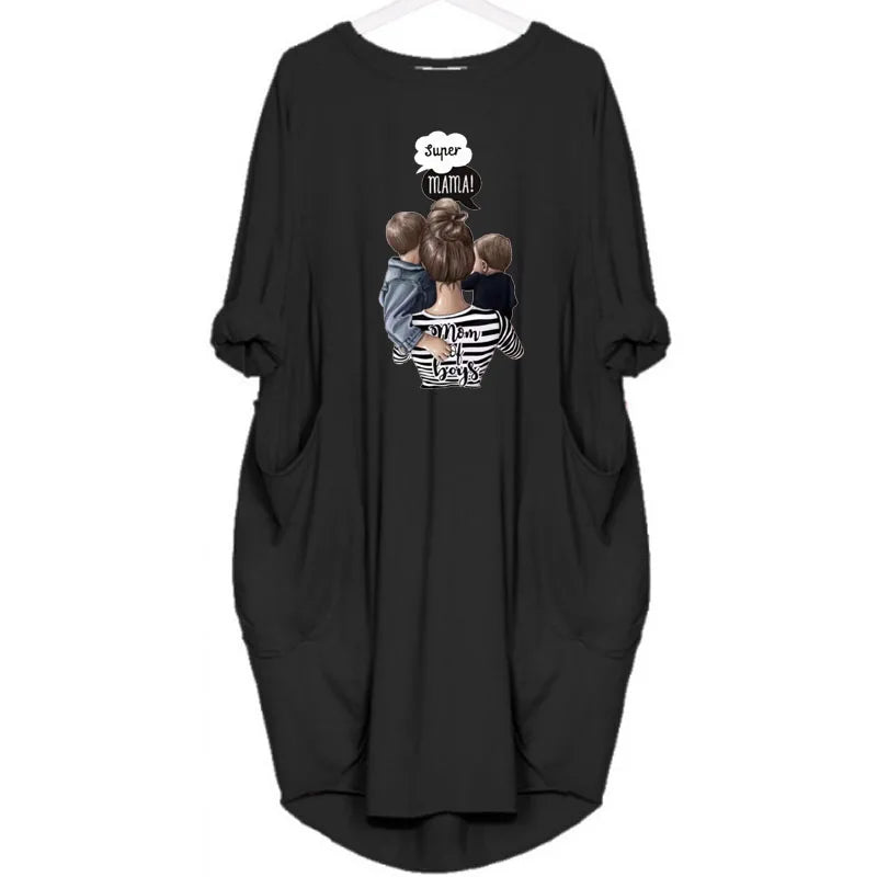 Women's Loose  Long Sleeved Summer Plus Size Dress Autumn  Winter Casual Round Neck Solid Color Long Sleeve Pocket Loose Pullove Beauty World Shop