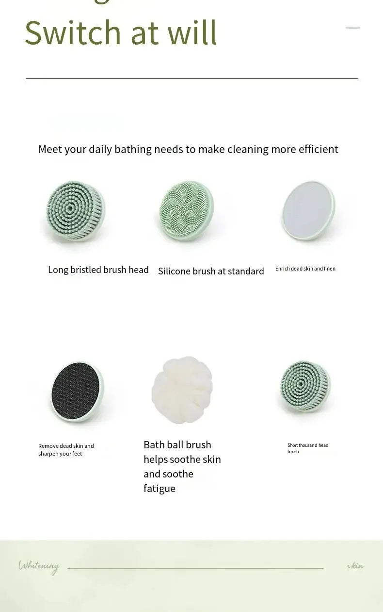 6 in 1 Electric Silicone Bath Brush Electric Back Scrubber 6 Brush Heads USB Rechargeable Rotating Shower Massager with 2 Speeds