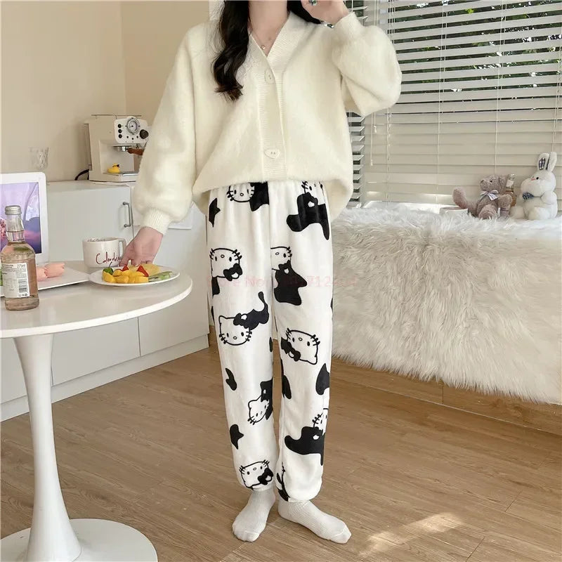 2024 Sanrio Hello Kitty Pajamas Halloween Flannel Fashion Trouserswomen Kawaii Woolen Anime Cartoon Casual Home Pants Autumn Beauty Fashion