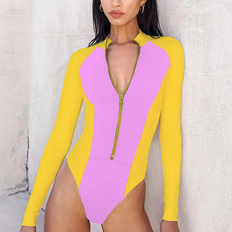 New Patchwork One-Piece Swimsuit Long Sleeve Swimwear Sports Backless Women's Swimming Bathing Suit Beach Wear Bather Surfing Beauty World Shop