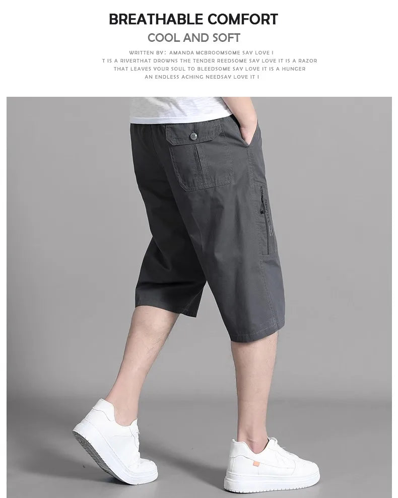 Mens Cargo Shorts Knee Pants Zipper Pocket Summer Cotton Shorts Climbing Jogger Elastic Waist Sports Wear Beauty World Shop