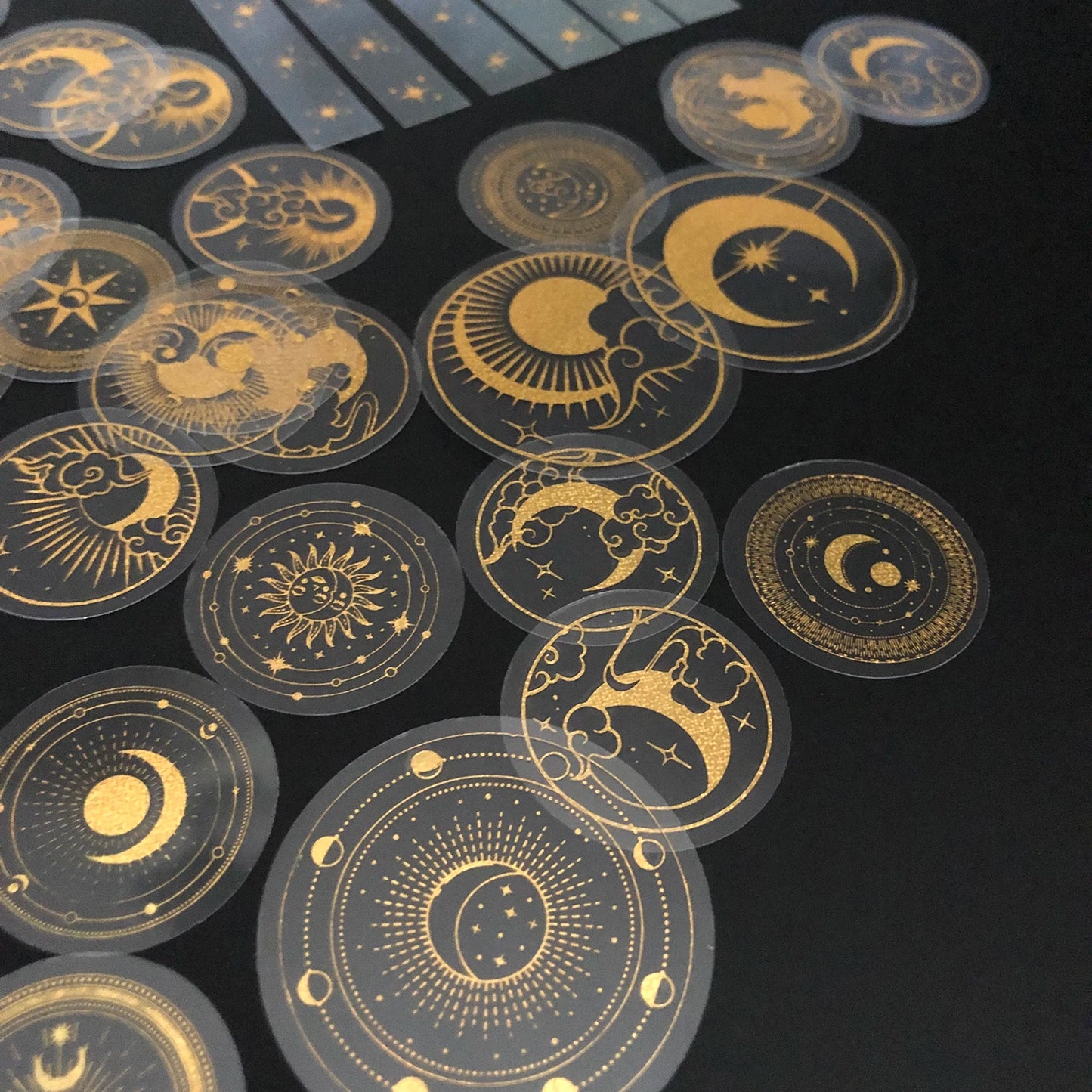 70 pcs Glitter Gold PET Adhesive Stickers Waterproof Transparent Label: SUN MOON Stars Etc Beauty World Shop