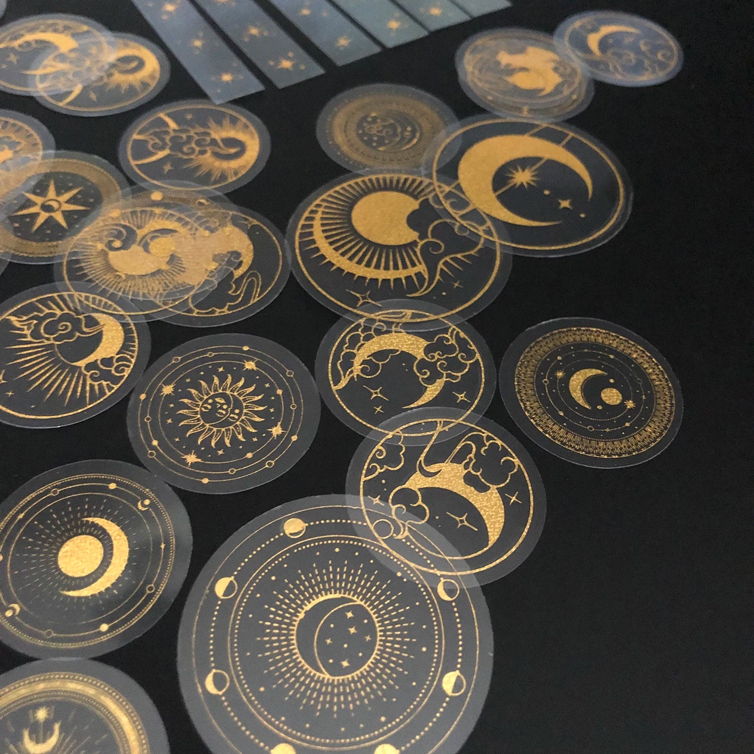 70 pcs Glitter Gold PET Adhesive Stickers Waterproof Transparent Label: SUN MOON Stars Etc Beauty World Shop