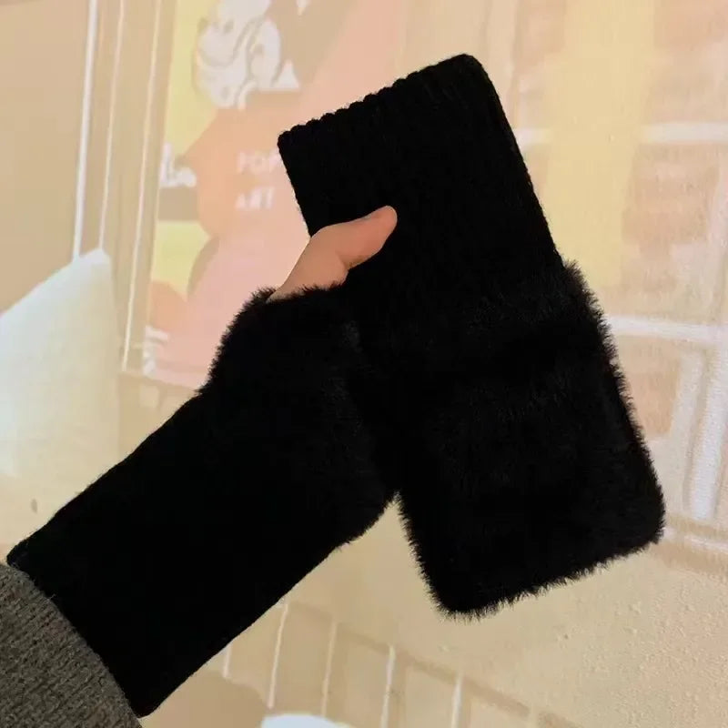 Fashionable Half Finger Gloves Suitable for Women's Soft and Warm Winter Luxurious Solid Color Plush Knitted Fingerless Gloves Beauty Fashion