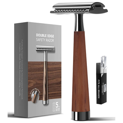 Double Edge Safety Razor, Zinc Alloy Handle Razor with 5 Swiss Stainless Steel Blades, Heavy Duty Eco-Friendly Razor f Beauty World Shop